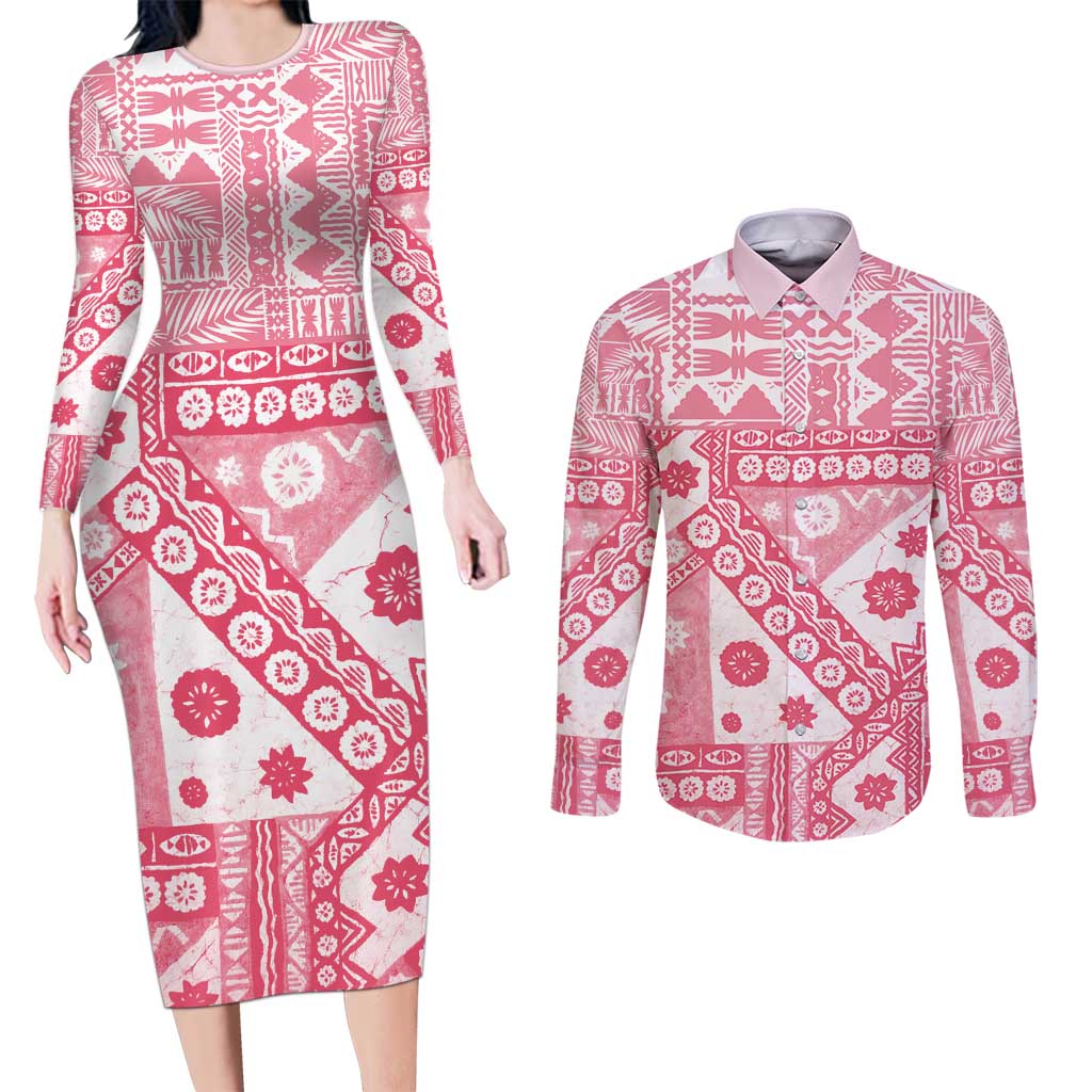 Pink Bula Fiji Couples Matching Long Sleeve Bodycon Dress and Long Sleeve Button Shirt Unique Masi Tapa Pattern