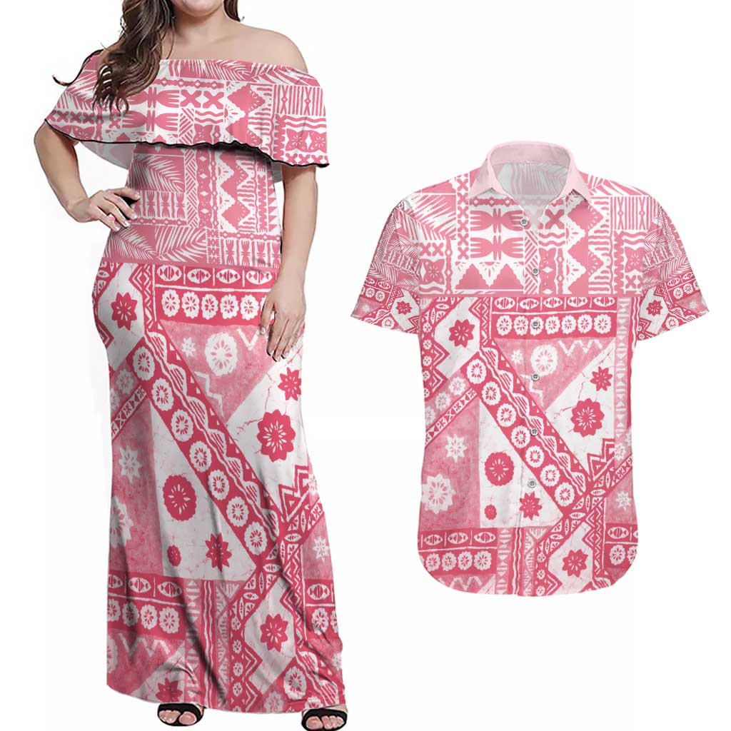 Pink Bula Fiji Couples Matching Off Shoulder Maxi Dress and Hawaiian Shirt Unique Masi Tapa Pattern