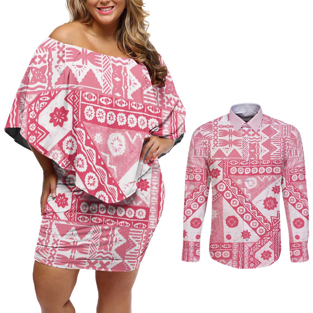 Pink Bula Fiji Couples Matching Off Shoulder Short Dress and Long Sleeve Button Shirt Unique Masi Tapa Pattern