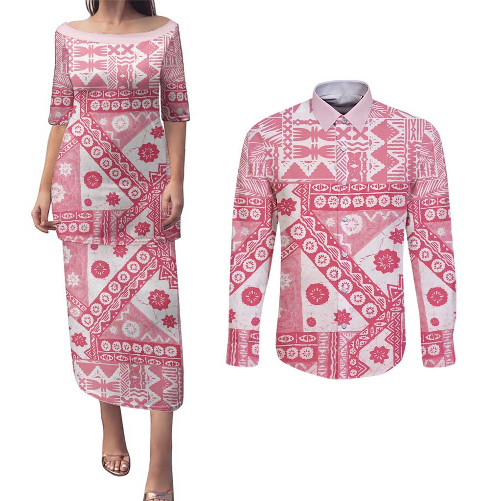 Pink Bula Fiji Couples Matching Puletasi and Long Sleeve Button Shirt Unique Masi Tapa Pattern