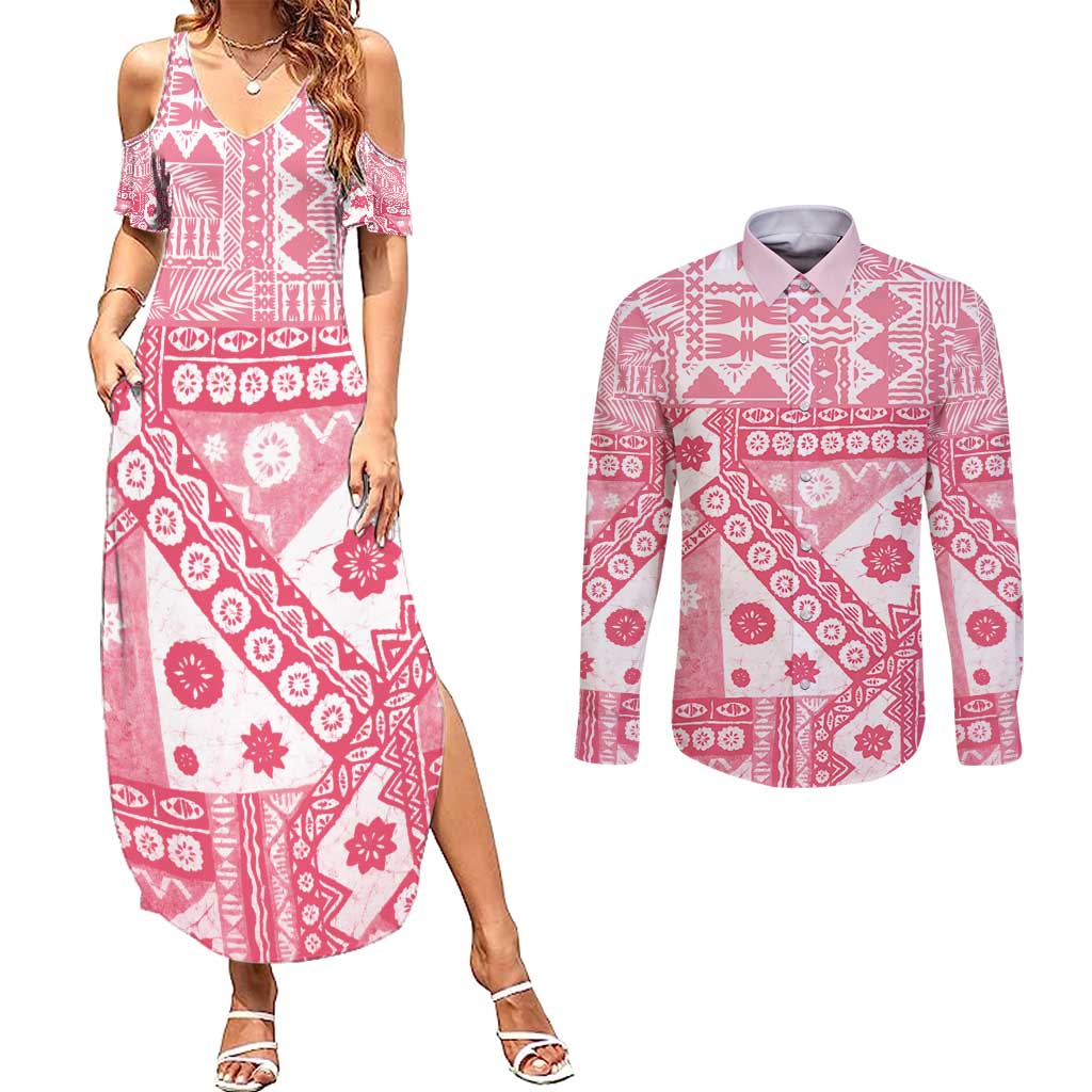 Pink Bula Fiji Couples Matching Summer Maxi Dress and Long Sleeve Button Shirt Unique Masi Tapa Pattern