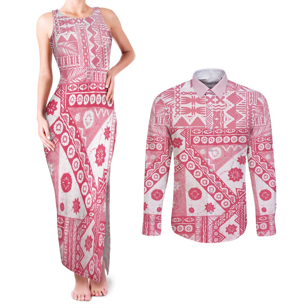 Pink Bula Fiji Couples Matching Tank Maxi Dress and Long Sleeve Button Shirt Unique Masi Tapa Pattern