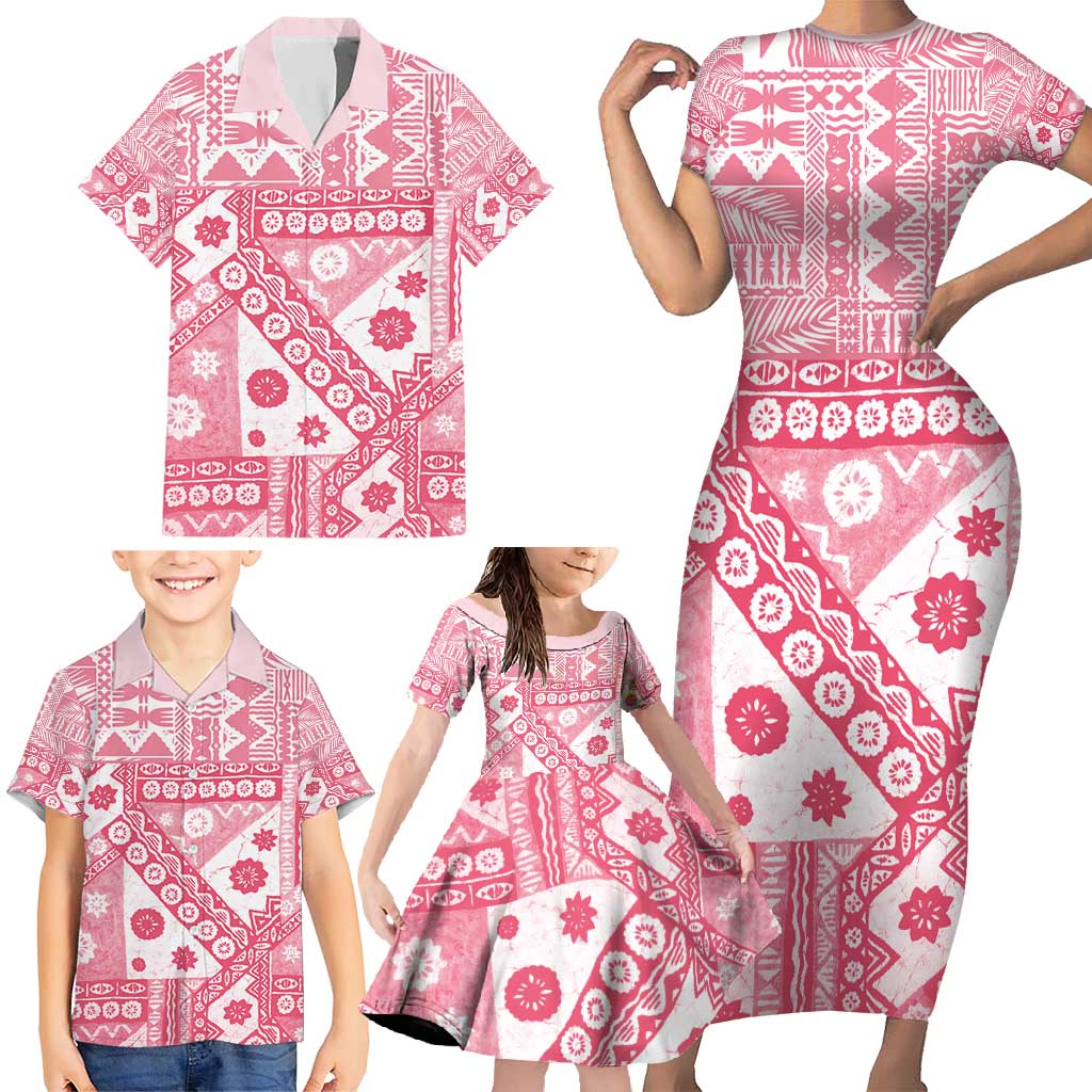 Pink Bula Fiji Family Matching Short Sleeve Bodycon Dress and Hawaiian Shirt Unique Masi Tapa Pattern