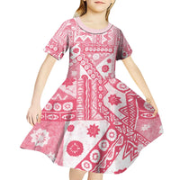 Pink Bula Fiji Kid Short Sleeve Dress Unique Masi Tapa Pattern