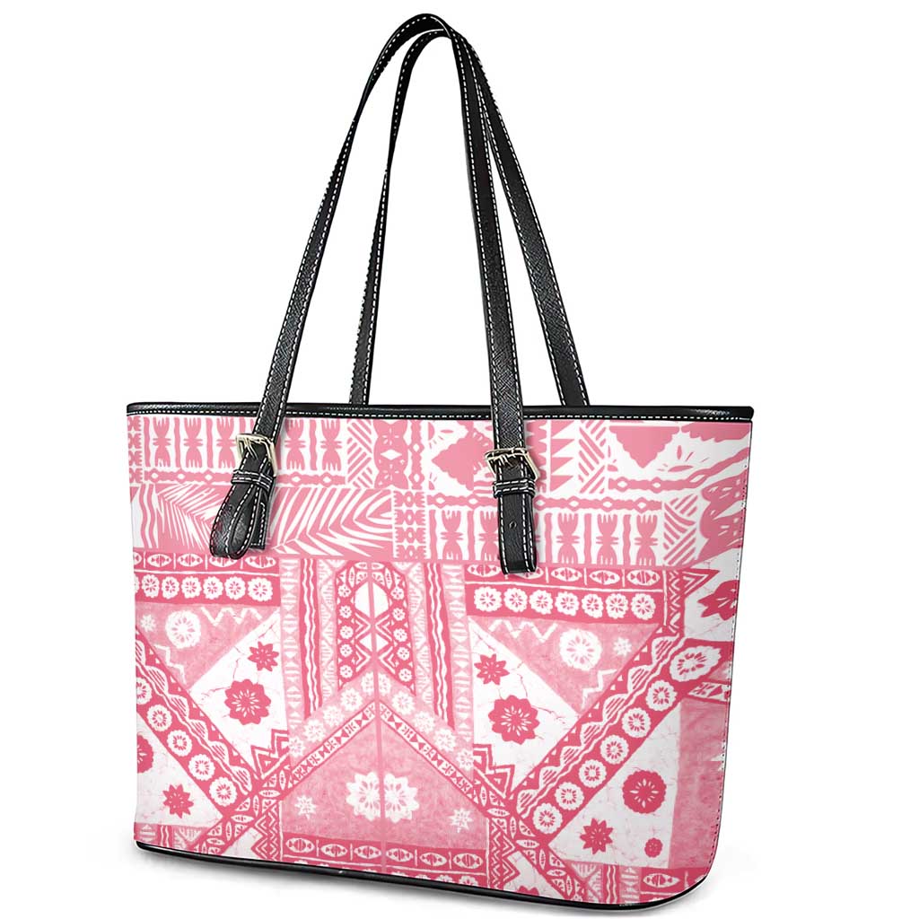 Pink Bula Fiji Leather Tote Bag Unique Masi Tapa Pattern
