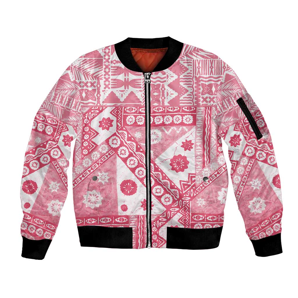 Pink Bula Fiji Sleeve Zip Bomber Jacket Unique Masi Tapa Pattern