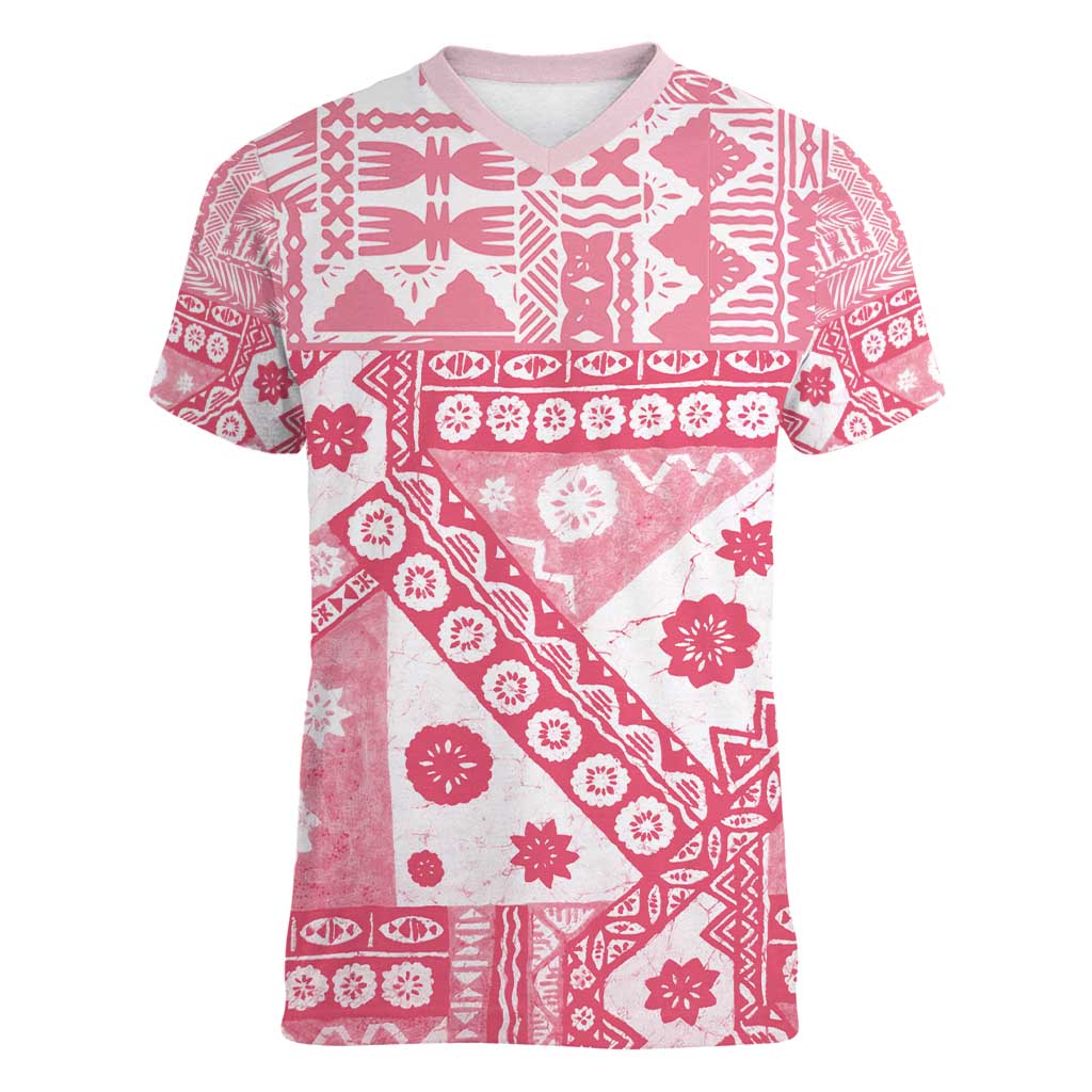 Pink Bula Fiji Women V-Neck T-Shirt Unique Masi Tapa Pattern