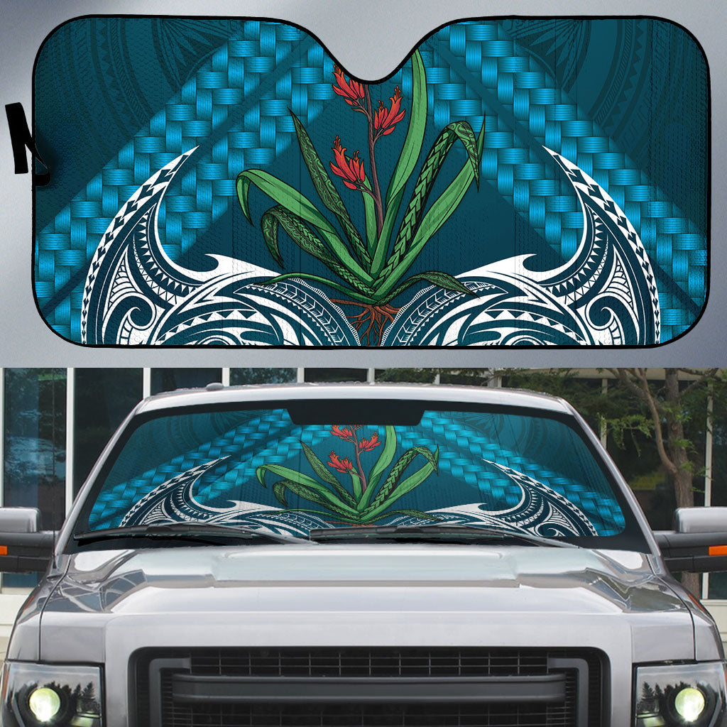 Rongoa Maori New Zealand Harakeke Auto Sun Shade NZ Weaving Pattern Dark Teal LT14 Dark Teal - Polynesian Pride