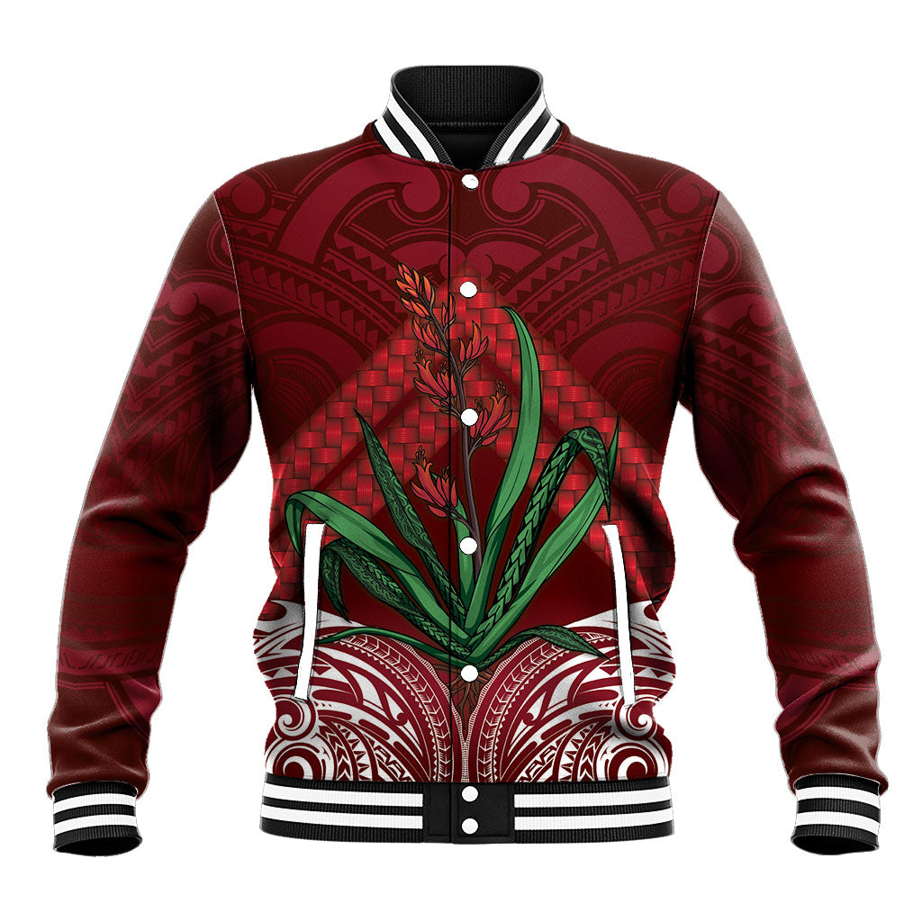 Rongoa Maori New Zealand Harakeke Baseball Jacket NZ Weaving Pattern Red