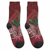 Rongoa Maori New Zealand Harakeke Crew Socks NZ Weaving Pattern Red LT14 - Polynesian Pride