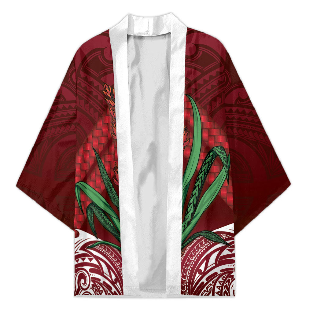 Rongoa Maori New Zealand Harakeke Kimono NZ Weaving Pattern Red LT14 Unisex Red - Polynesian Pride