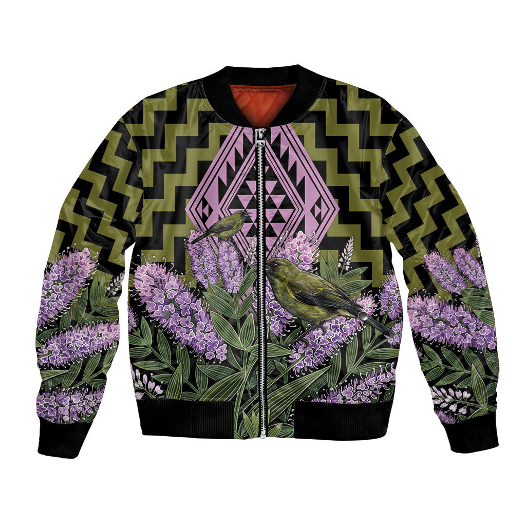 Rongoa Maori New Zealand Koromiko Bomber Jacket NZ Hebe Korimako Bellbird Poutama LT14 Unisex Green - Polynesian Pride
