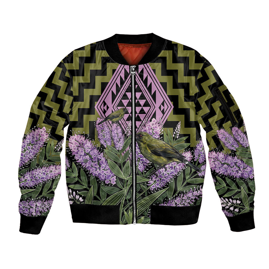 Rongoa Maori New Zealand Koromiko Sleeve Zip Bomber Jacket NZ Hebe Korimako Bellbird Poutama LT14 Unisex Green - Polynesian Pride
