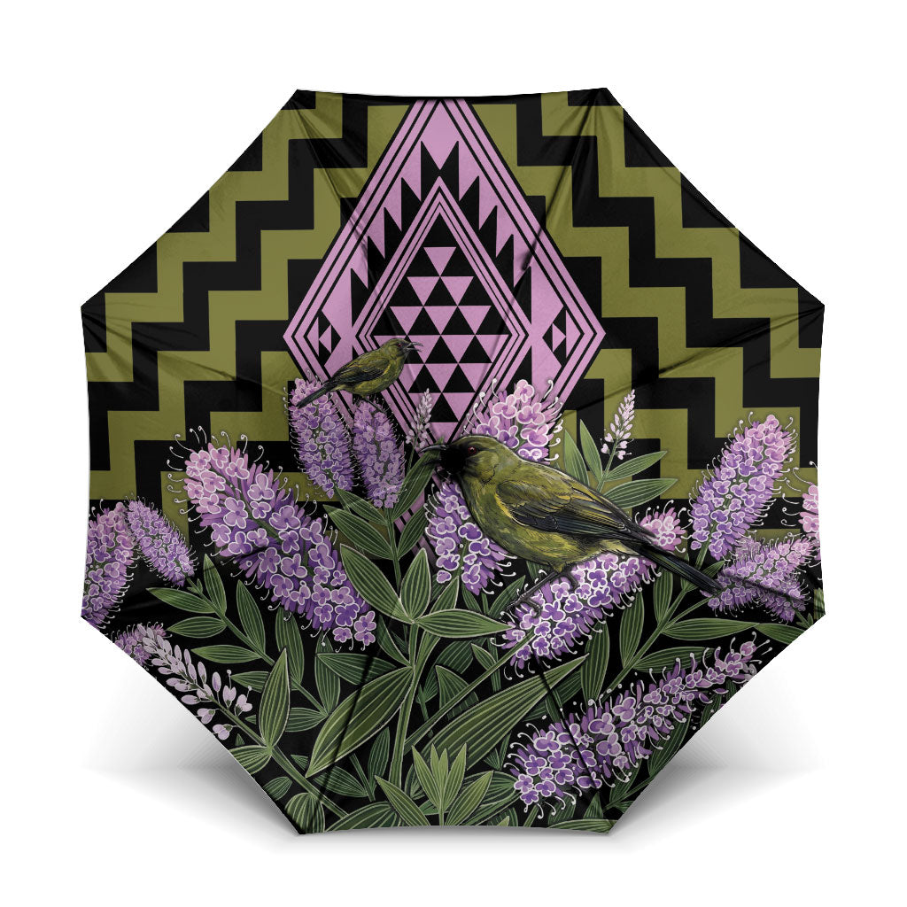 Rongoa Maori New Zealand Koromiko Umbrella NZ Hebe Korimako Bellbird Poutama LT14 One Size Folded 11.42 inch Opened Diameter 37.4 inch Green - Polynesian Pride