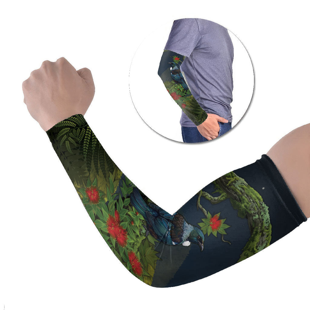 Rongoa Maori New Zealand Rata Arm Sleeves NZ Tui Bird Forest Vibes LT14 Set of 2 Green - Polynesian Pride
