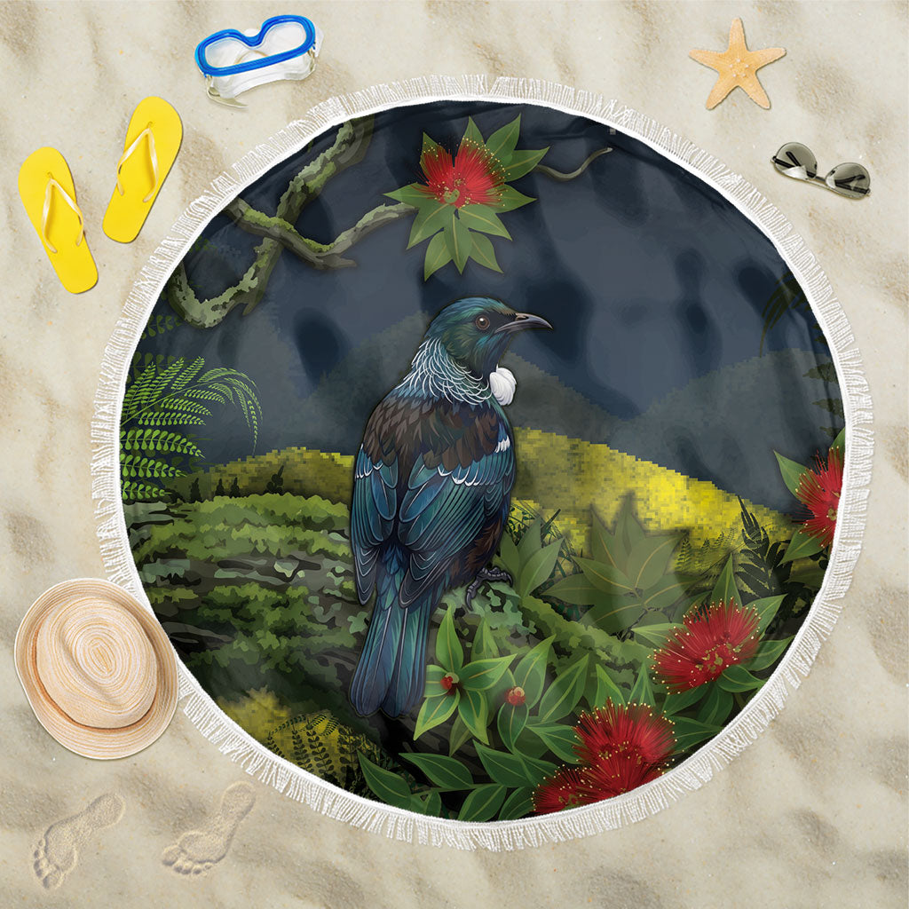 Rongoa Maori New Zealand Rata Beach Blanket NZ Tui Bird Forest Vibes LT14 One Size 150cm Green - Polynesian Pride