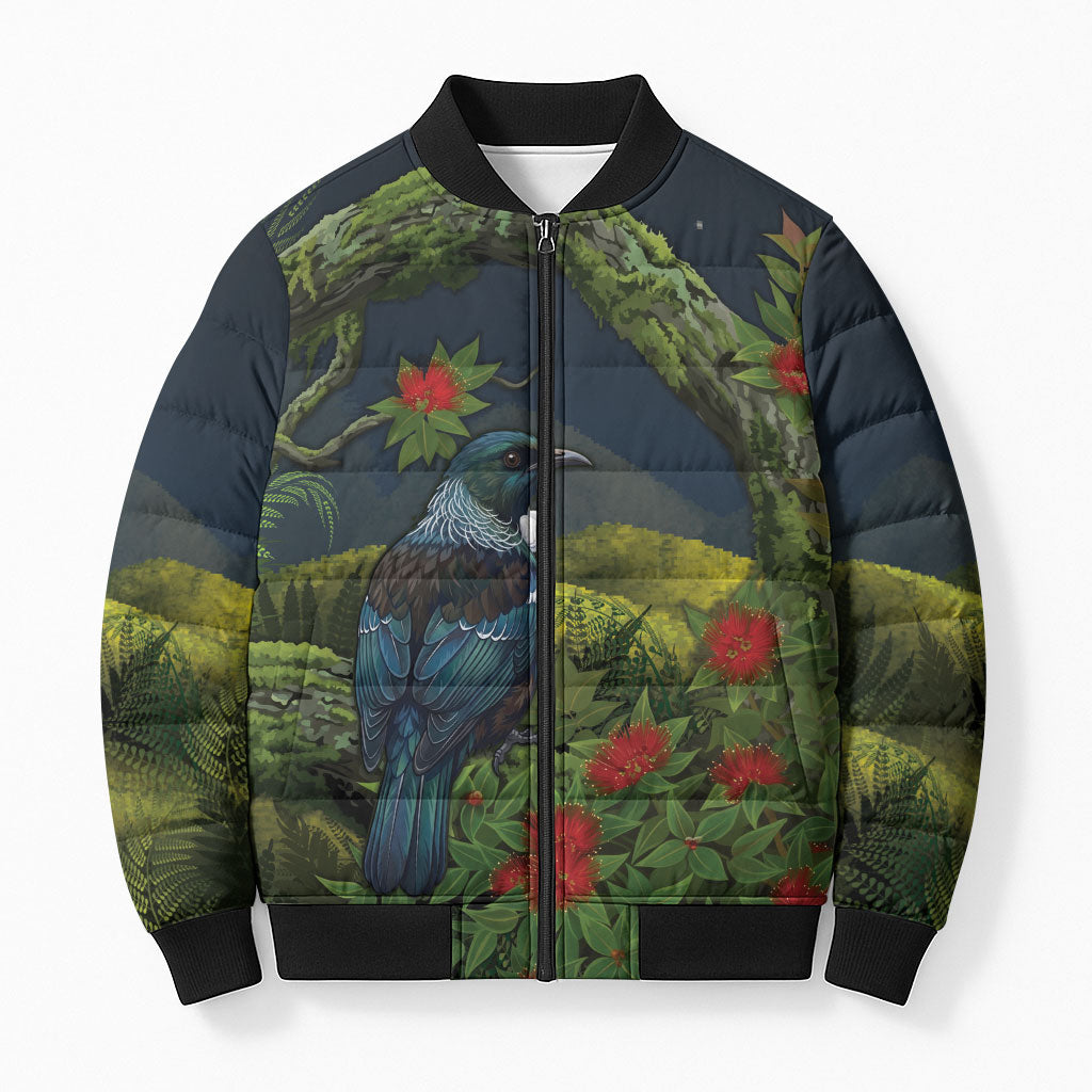 Rongoa Maori New Zealand Rata Bomber Puffer Jacket NZ Tui Bird Forest Vibes LT14 Unisex Green - Polynesian Pride