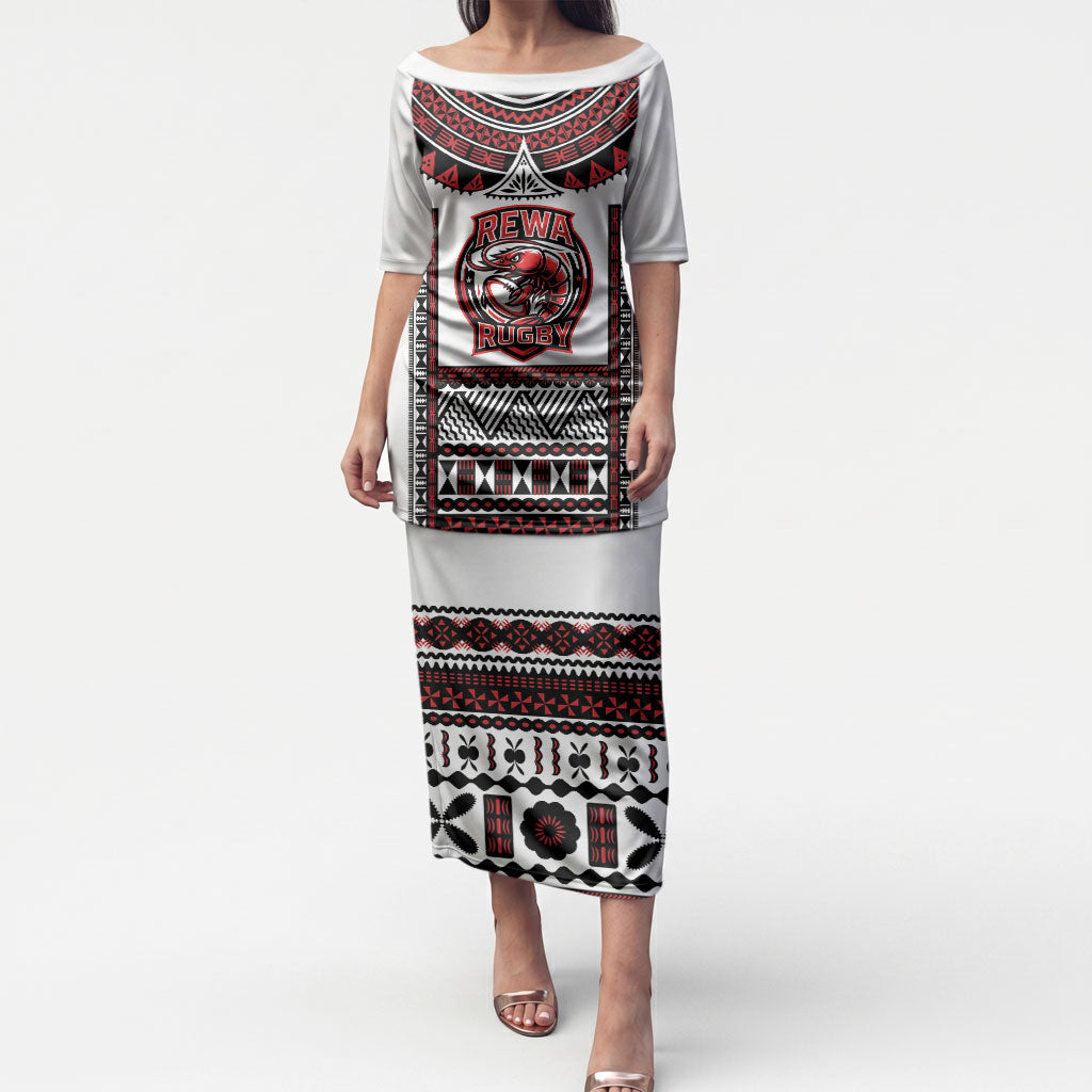 Fiji Rewa Rugby Custom Puletasi Go Champions Fijian Tapa Pattern LT14 Long Dress White - Polynesian Pride