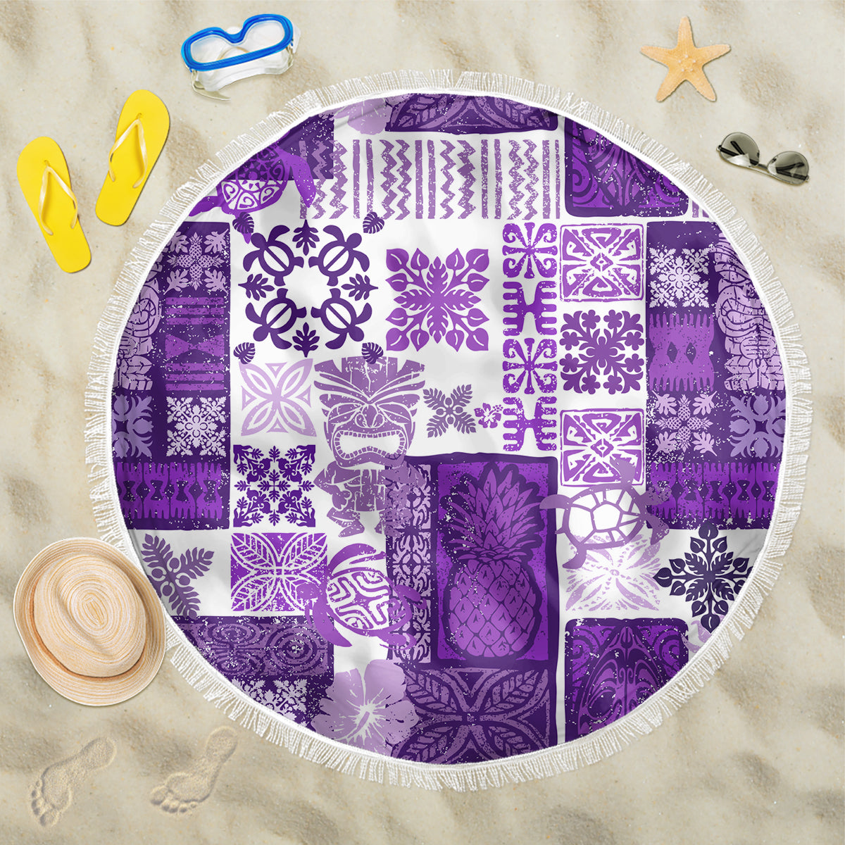 Hawaiian Quilt Beach Blanket Tiki Tropical Retro Purple Version LT14 One Size 150cm Purple - Polynesian Pride