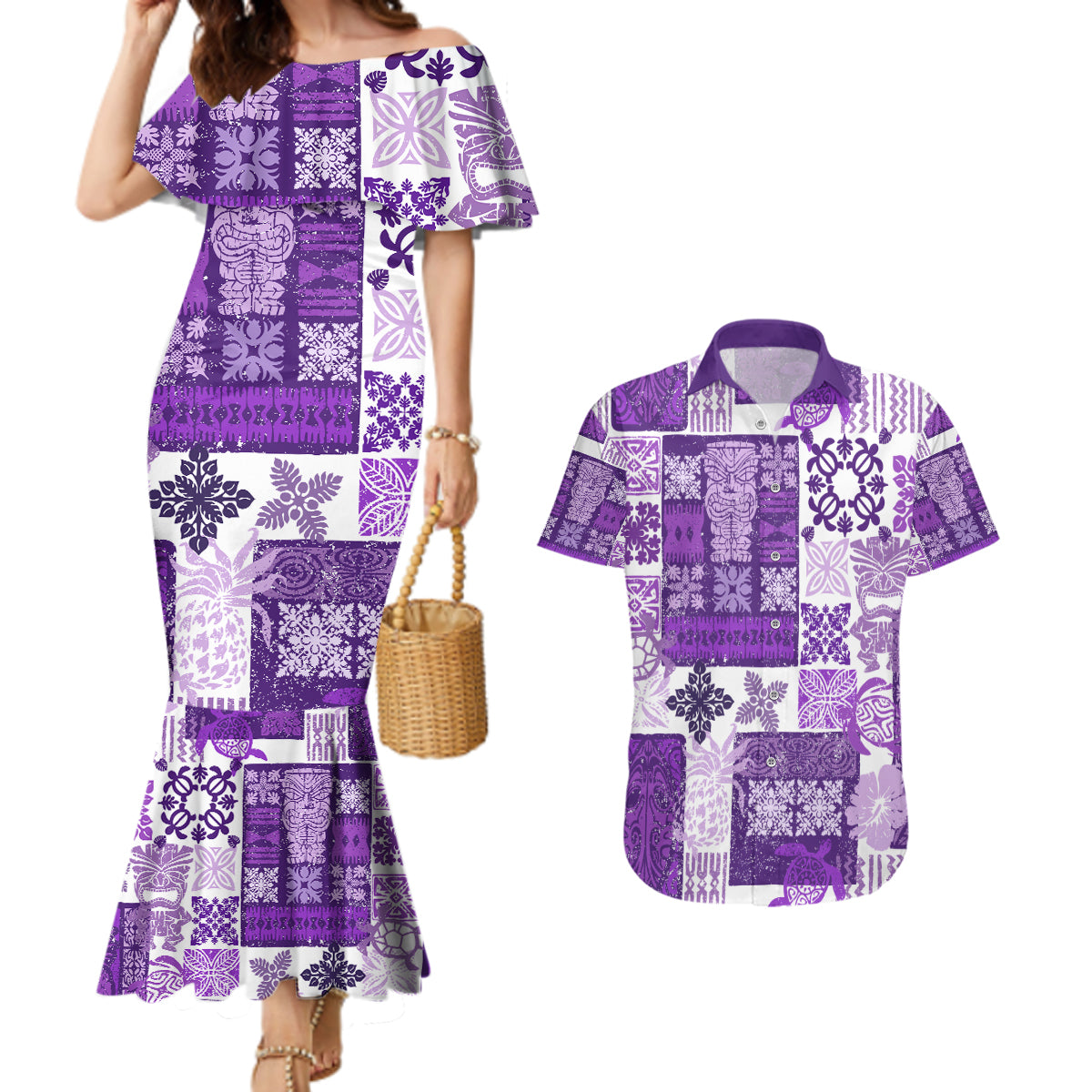 Hawaiian Quilt Couples Matching Mermaid Dress and Hawaiian Shirt Tiki Tropical Retro Purple Version LT14 Purple - Polynesian Pride