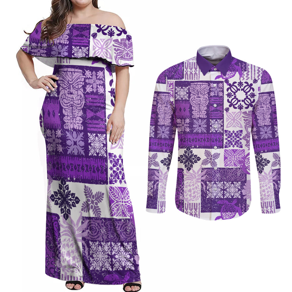 Hawaiian Quilt Couples Matching Off Shoulder Maxi Dress and Long Sleeve Button Shirt Tiki Tropical Retro Purple Version LT14 Purple - Polynesian Pride