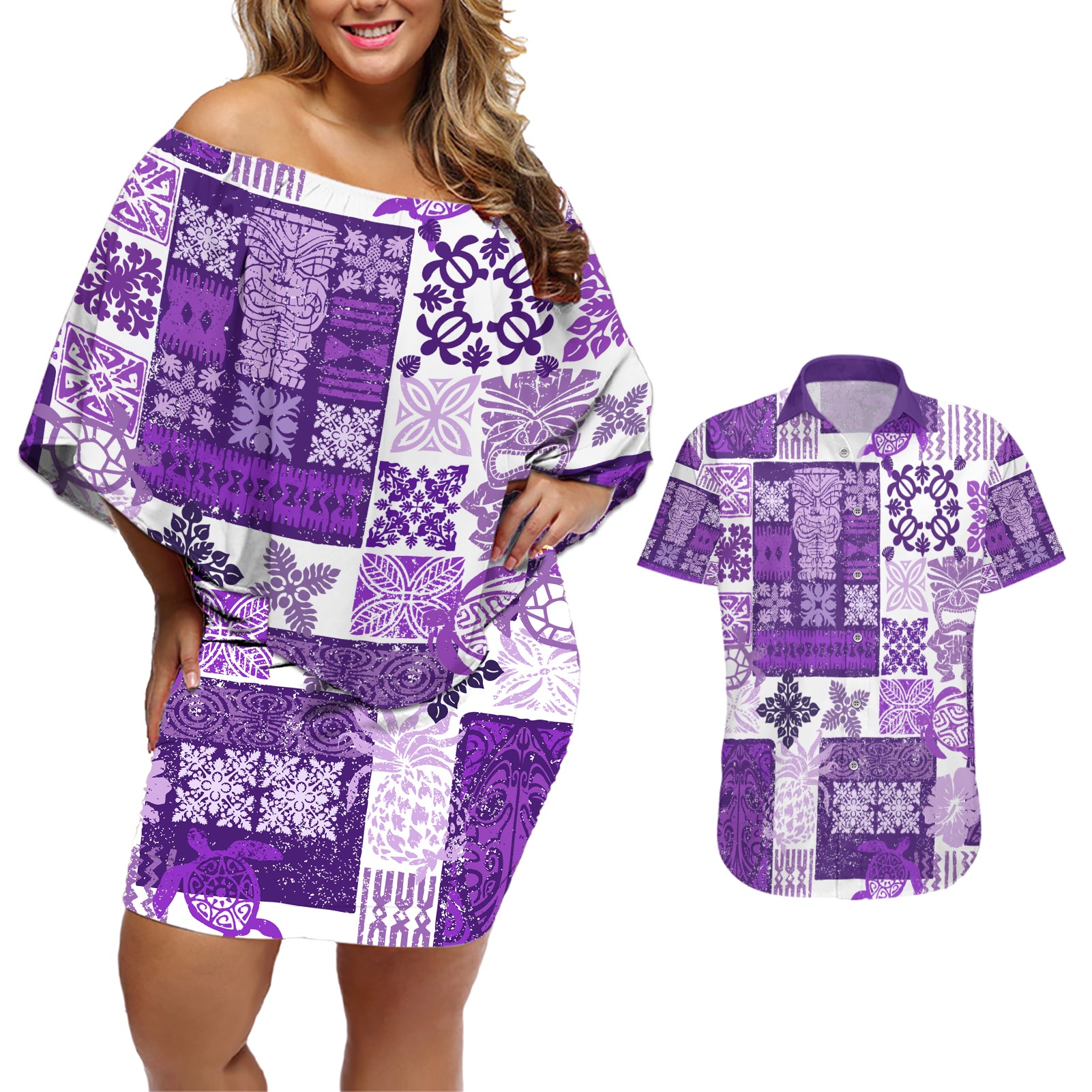 Hawaiian Quilt Couples Matching Off Shoulder Short Dress and Hawaiian Shirt Tiki Tropical Retro Purple Version LT14 Purple - Polynesian Pride