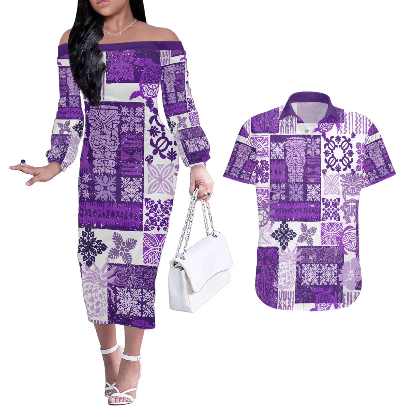 Hawaiian Quilt Couples Matching Off The Shoulder Long Sleeve Dress and Hawaiian Shirt Tiki Tropical Retro Purple Version LT14 Purple - Polynesian Pride