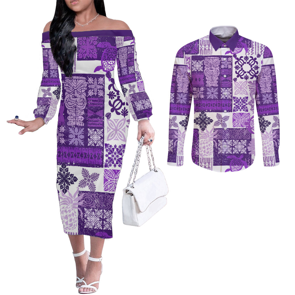 Hawaiian Quilt Couples Matching Off The Shoulder Long Sleeve Dress and Long Sleeve Button Shirt Tiki Tropical Retro Purple Version LT14 Purple - Polynesian Pride