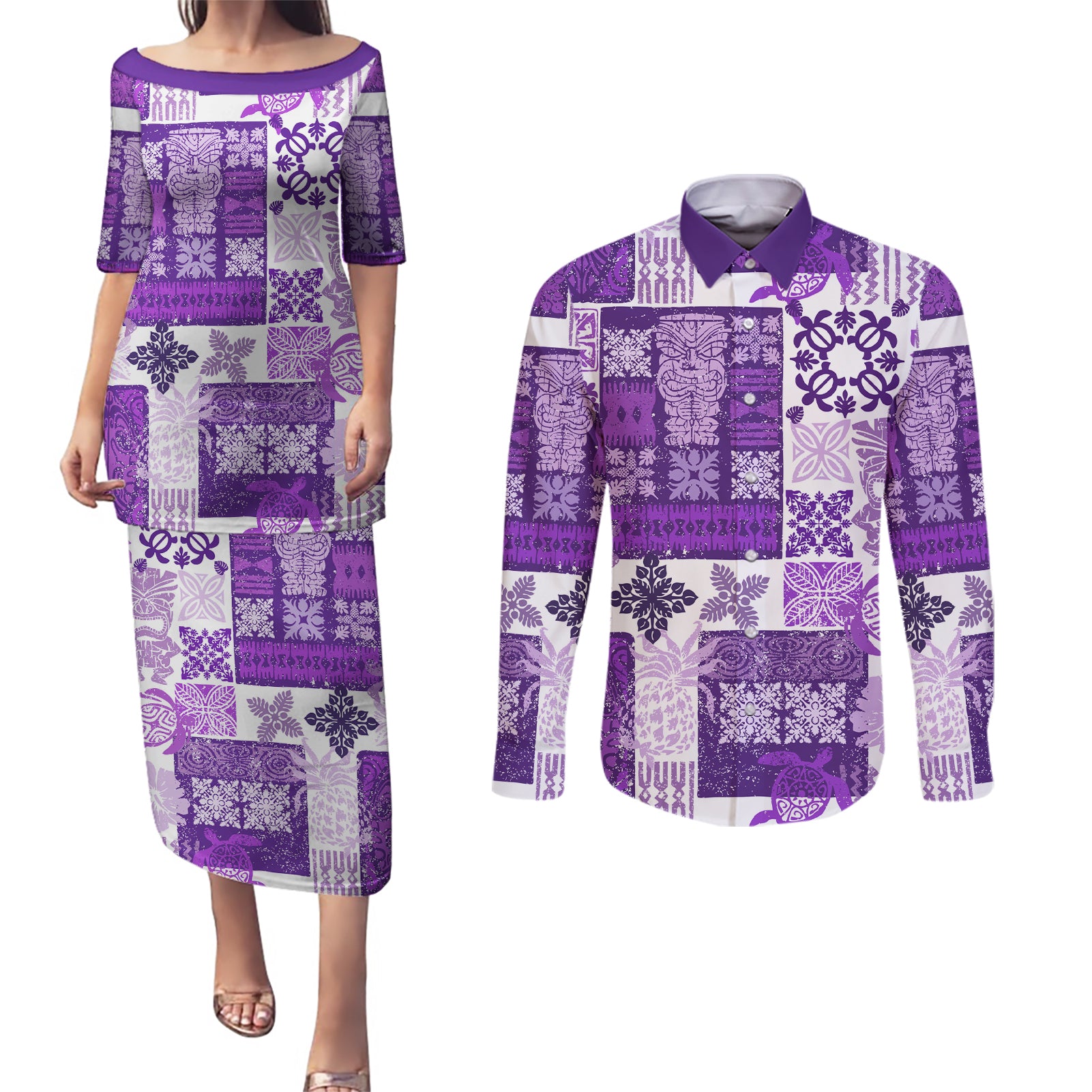 Hawaiian Quilt Couples Matching Puletasi Dress and Long Sleeve Button Shirt Tiki Tropical Retro Purple Version LT14 Purple - Polynesian Pride