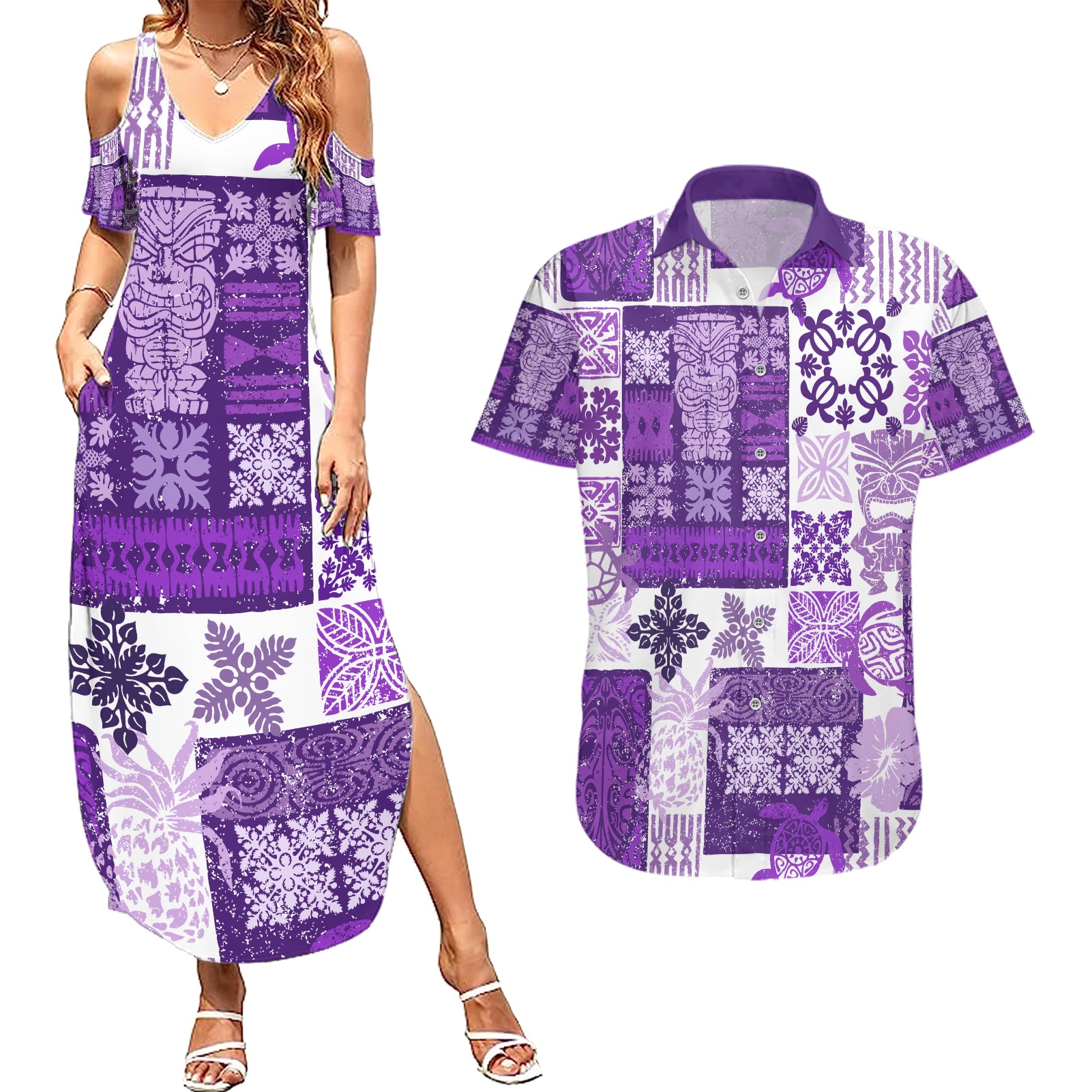 Hawaiian Quilt Couples Matching Summer Maxi Dress and Hawaiian Shirt Tiki Tropical Retro Purple Version LT14 Purple - Polynesian Pride