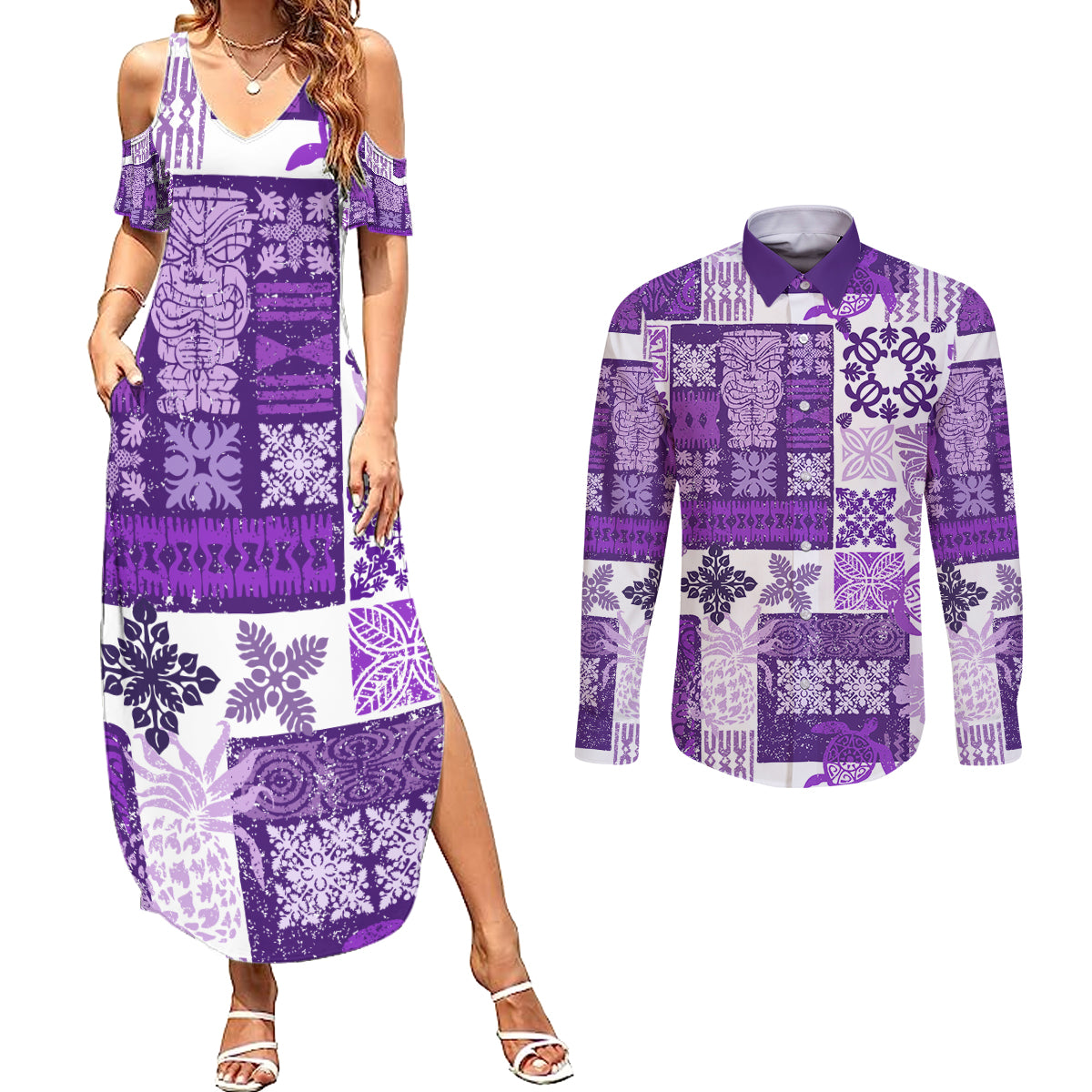 Hawaiian Quilt Couples Matching Summer Maxi Dress and Long Sleeve Button Shirt Tiki Tropical Retro Purple Version LT14 Purple - Polynesian Pride