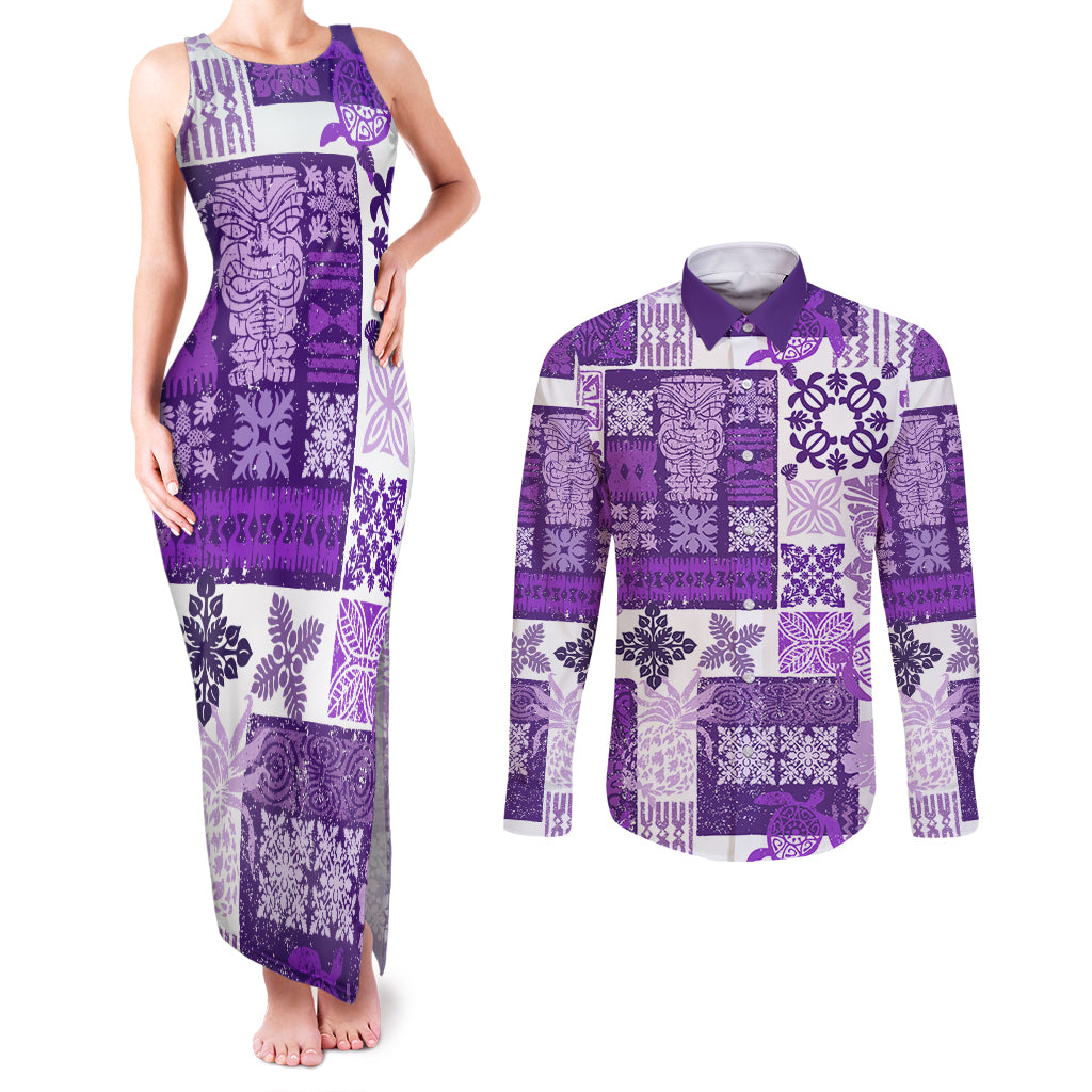 Hawaiian Quilt Couples Matching Tank Maxi Dress and Long Sleeve Button Shirt Tiki Tropical Retro Purple Version LT14 Purple - Polynesian Pride