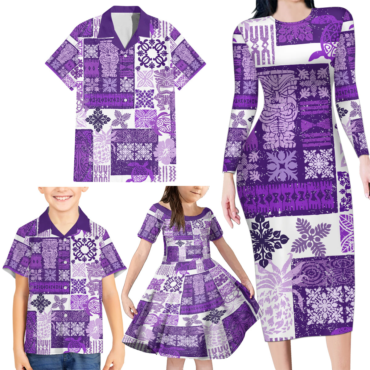 Hawaiian Quilt Family Matching Long Sleeve Bodycon Dress and Hawaiian Shirt Tiki Tropical Retro Purple Version LT14 - Polynesian Pride