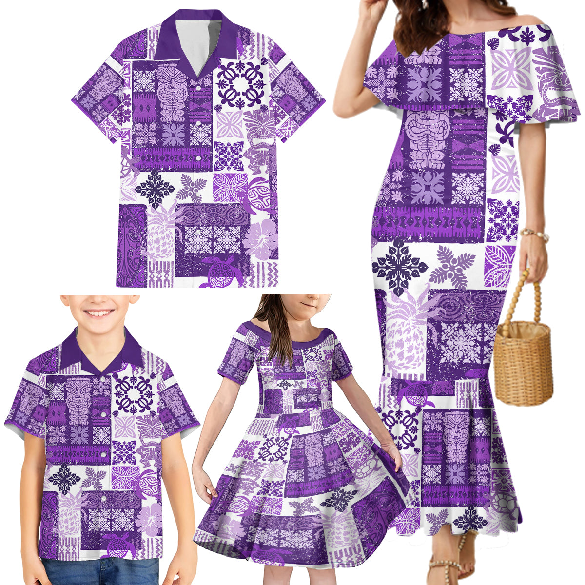 Hawaiian Quilt Family Matching Mermaid Dress and Hawaiian Shirt Tiki Tropical Retro Purple Version LT14 - Polynesian Pride