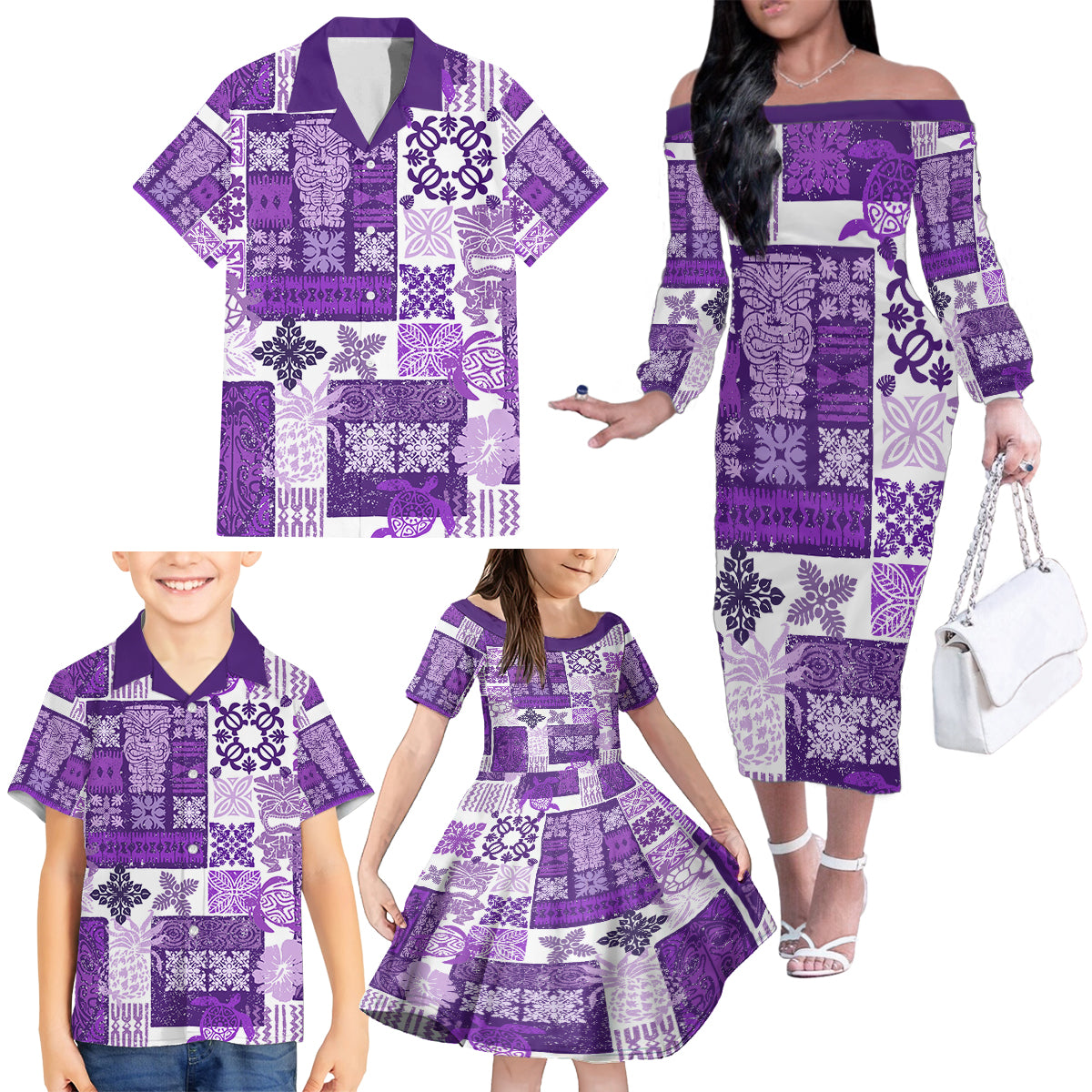 Hawaiian Quilt Family Matching Off Shoulder Long Sleeve Dress and Hawaiian Shirt Tiki Tropical Retro Purple Version LT14 - Polynesian Pride