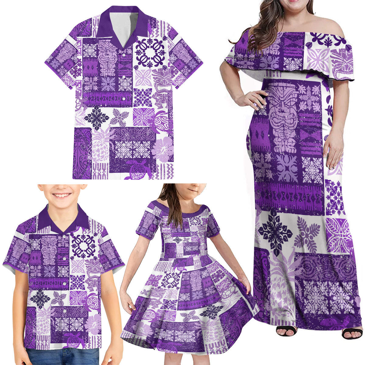 Hawaiian Quilt Family Matching Off Shoulder Maxi Dress and Hawaiian Shirt Tiki Tropical Retro Purple Version LT14 - Polynesian Pride