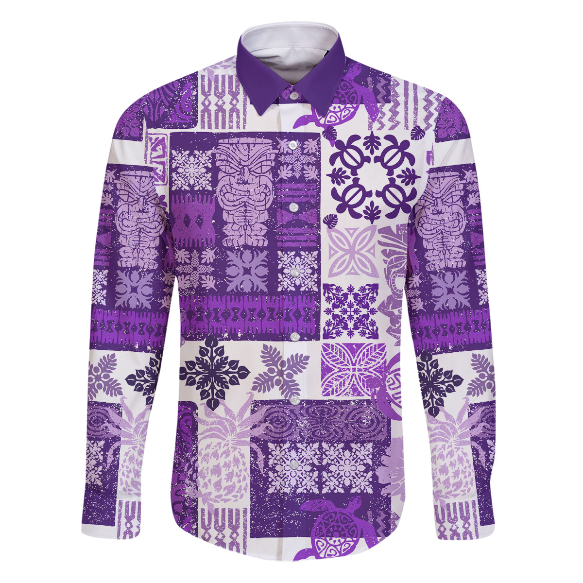 Hawaiian Quilt Family Matching Puletasi Dress and Hawaiian Shirt Tiki Tropical Retro Purple Version LT14 Dad's Shirt - Long Sleeve Purple - Polynesian Pride