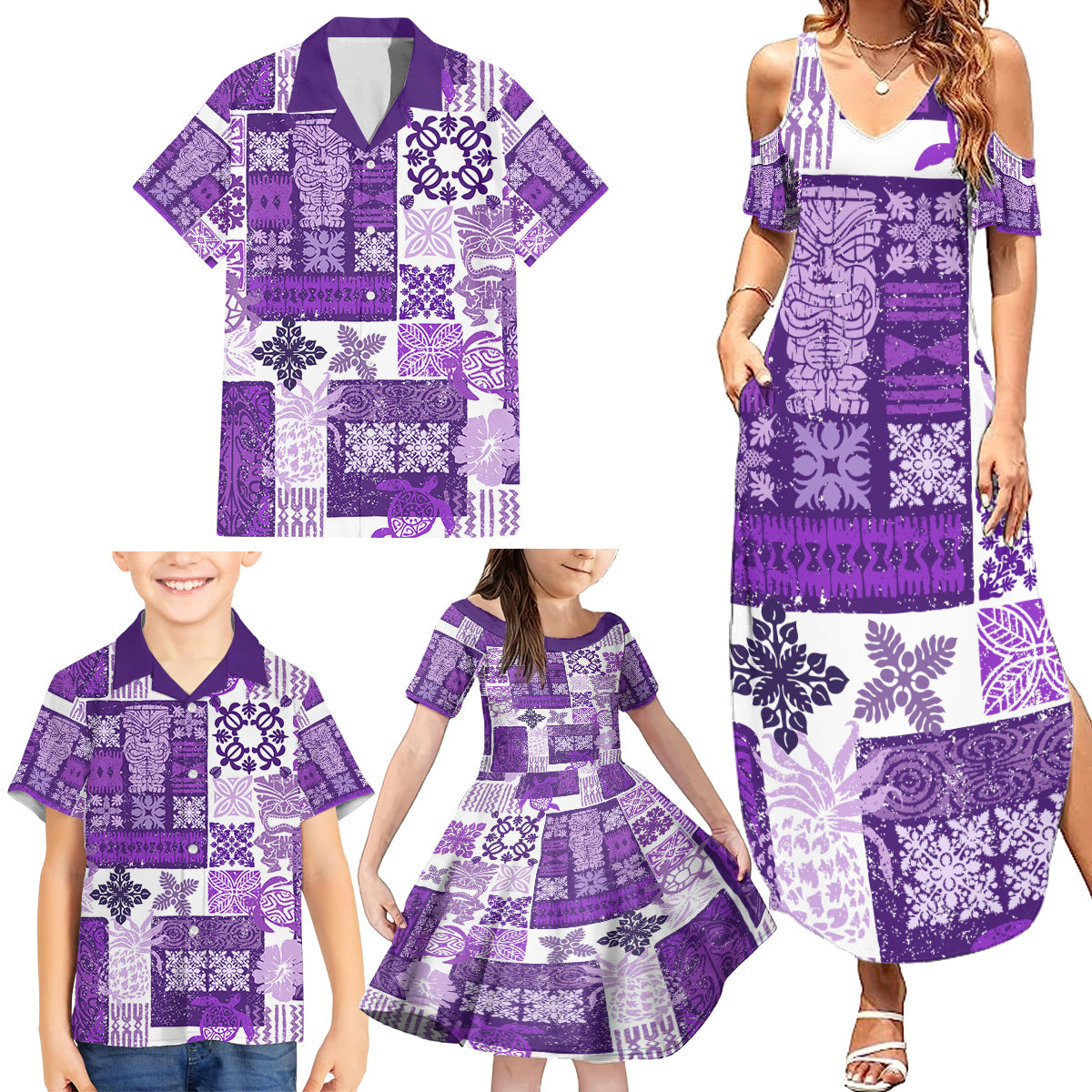 Hawaiian Quilt Family Matching Summer Maxi Dress and Hawaiian Shirt Tiki Tropical Retro Purple Version LT14 - Polynesian Pride