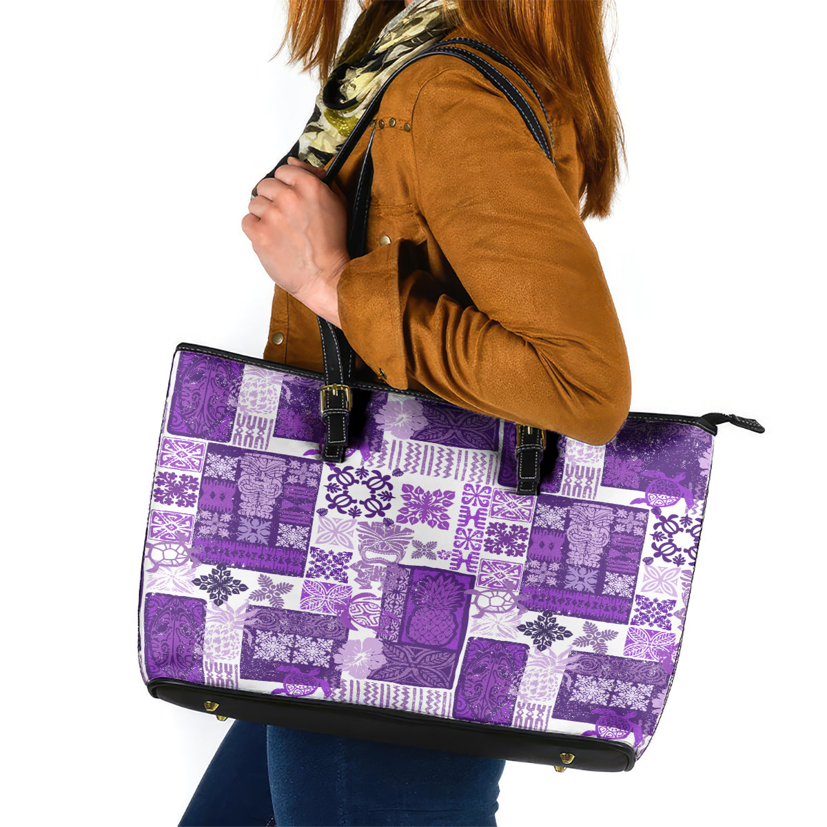 Hawaiian Quilt Leather Tote Bag Tiki Tropical Retro Purple Version LT14 Purple - Polynesian Pride