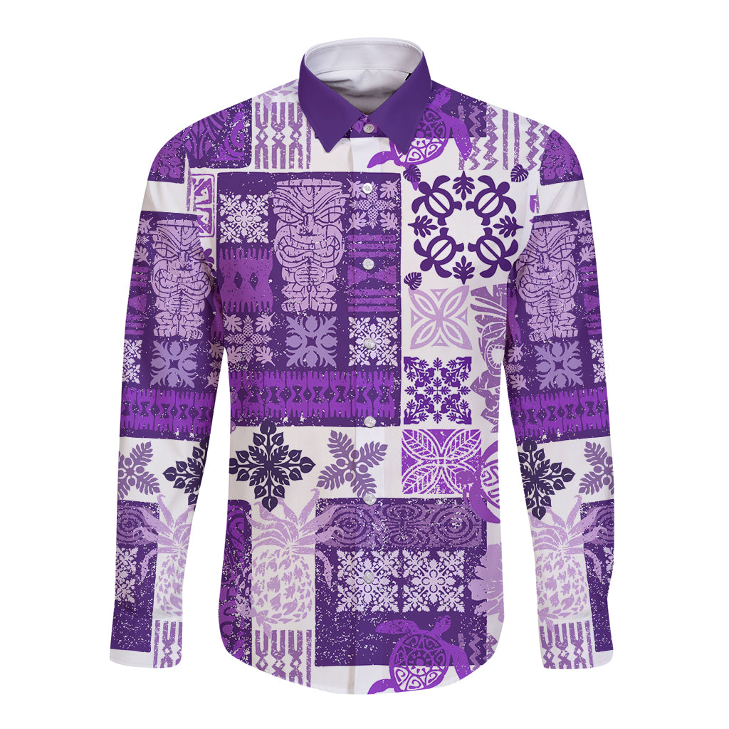 Hawaiian Quilt Long Sleeve Button Shirt Tiki Tropical Retro Purple Version LT14 Unisex Purple - Polynesian Pride