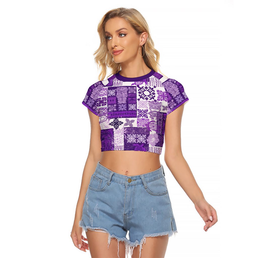 Hawaiian Quilt Raglan Cropped T Shirt Tiki Tropical Retro Purple Version LT14 Female Purple - Polynesian Pride