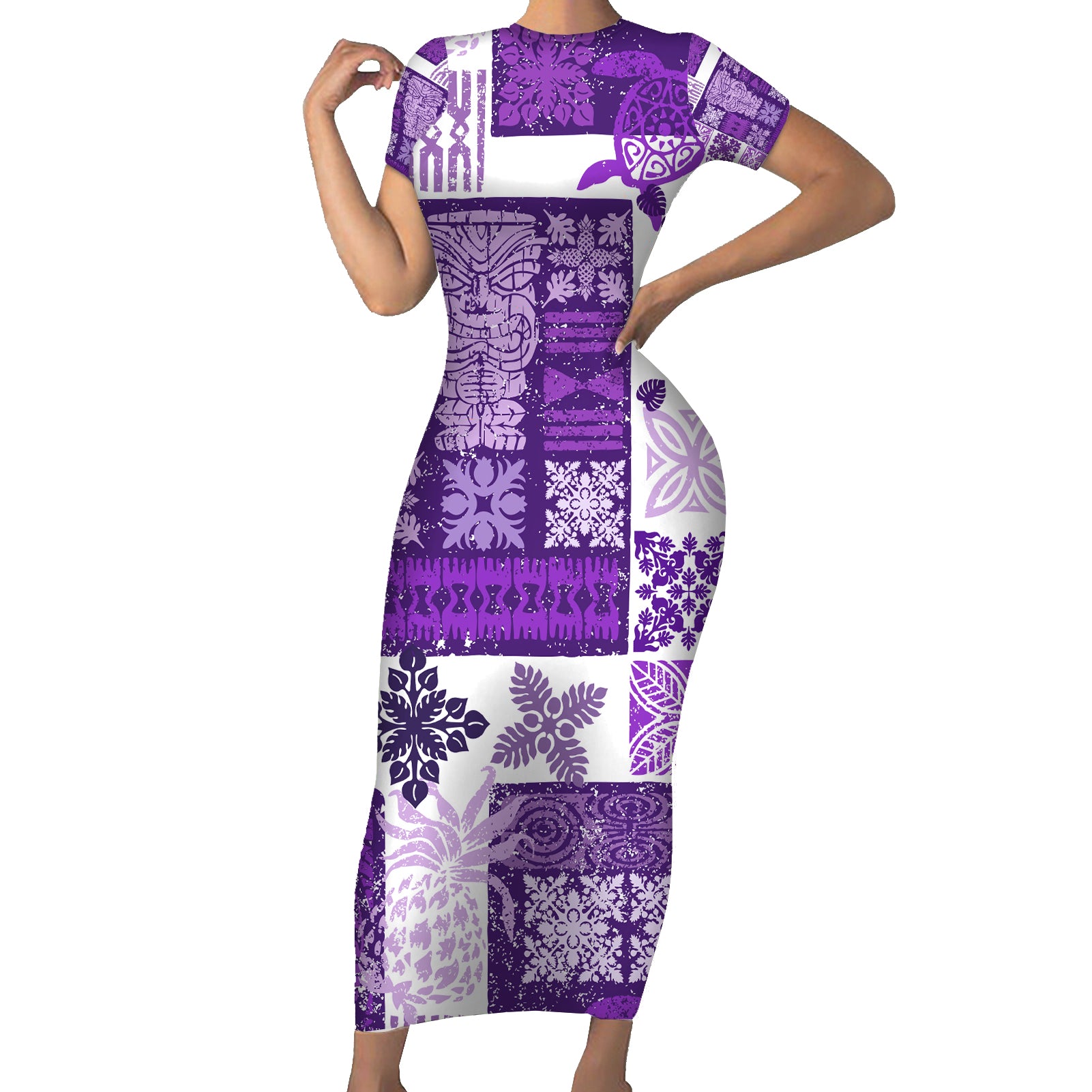 Hawaiian Quilt Short Sleeve Bodycon Dress Tiki Tropical Retro Purple Version LT14 Long Dress Purple - Polynesian Pride