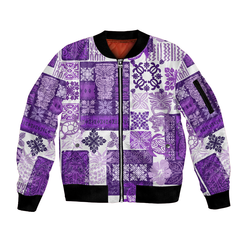 Hawaiian Quilt Sleeve Zip Bomber Jacket Tiki Tropical Retro Purple Version LT14 Unisex Purple - Polynesian Pride