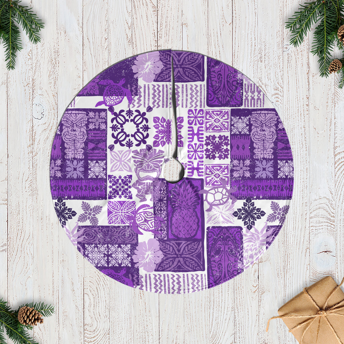 Hawaiian Quilt Tree Skirt Tiki Tropical Retro Purple Version LT14 Casual Tree Skirts Purple - Polynesian Pride