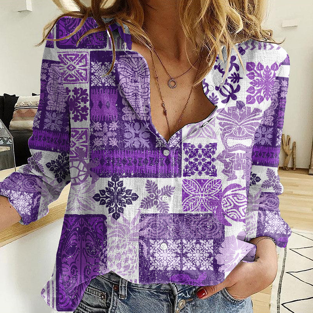 Hawaiian Quilt Women Casual Shirt Tiki Tropical Retro Purple Version LT14 Female Purple - Polynesian Pride