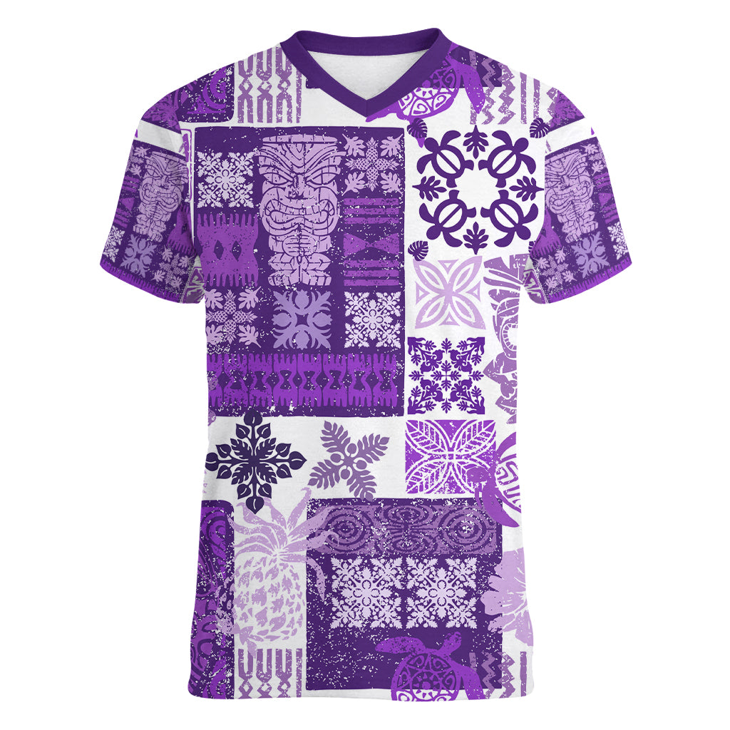 Hawaiian Quilt Women V Neck T Shirt Tiki Tropical Retro Purple Version LT14 Female Purple - Polynesian Pride