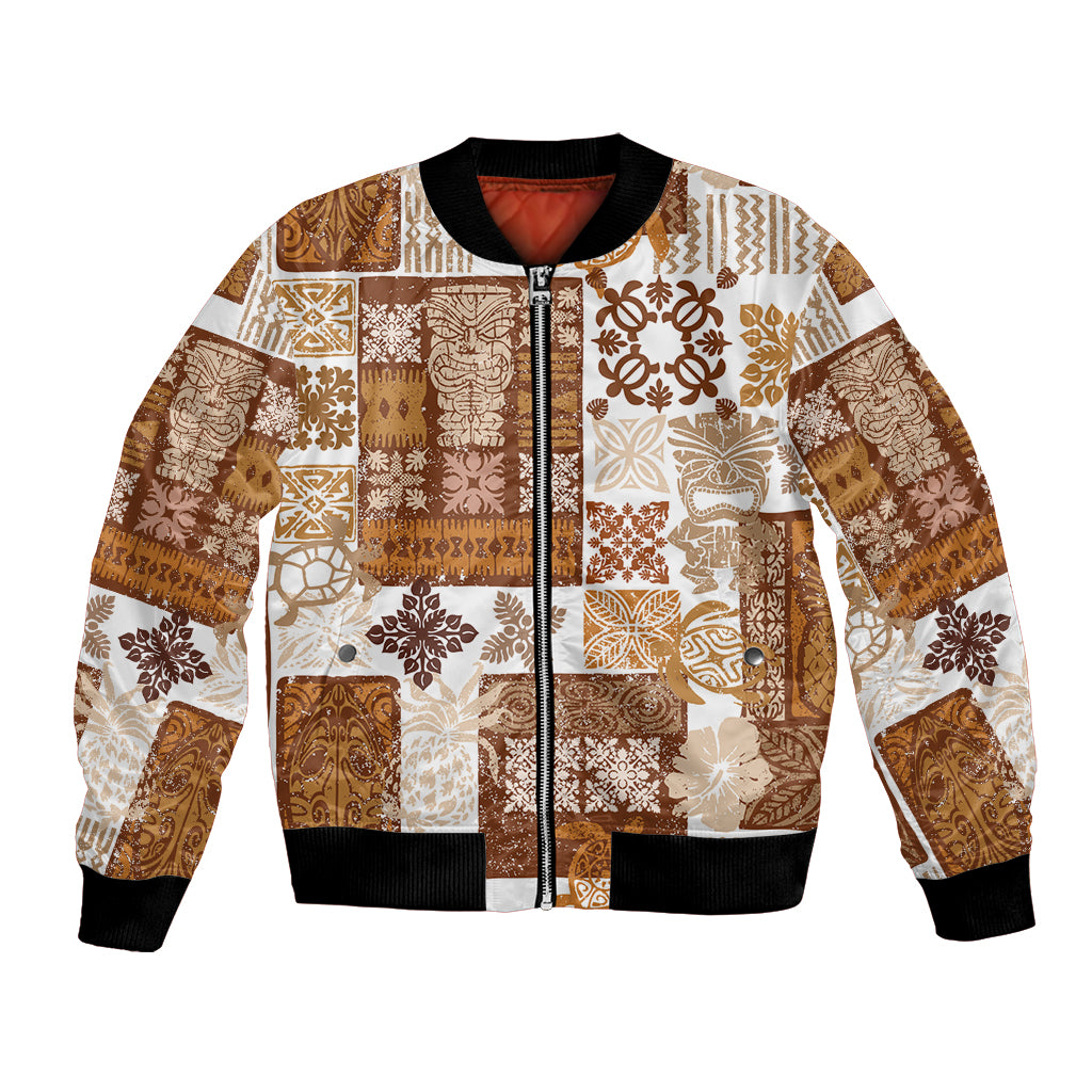 Hawaiian Quilt Bomber Jacket Tiki Tropical Retro Brown Version LT14 Unisex Brown - Polynesian Pride