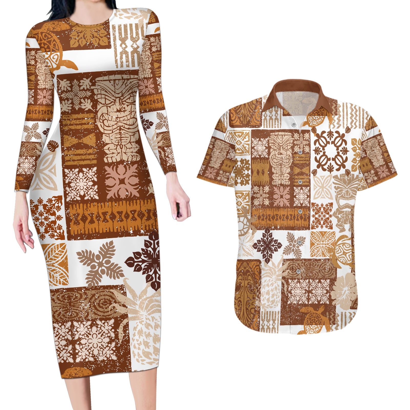 Hawaiian Quilt Couples Matching Long Sleeve Bodycon Dress and Hawaiian Shirt Tiki Tropical Retro Brown Version LT14 Brown - Polynesian Pride