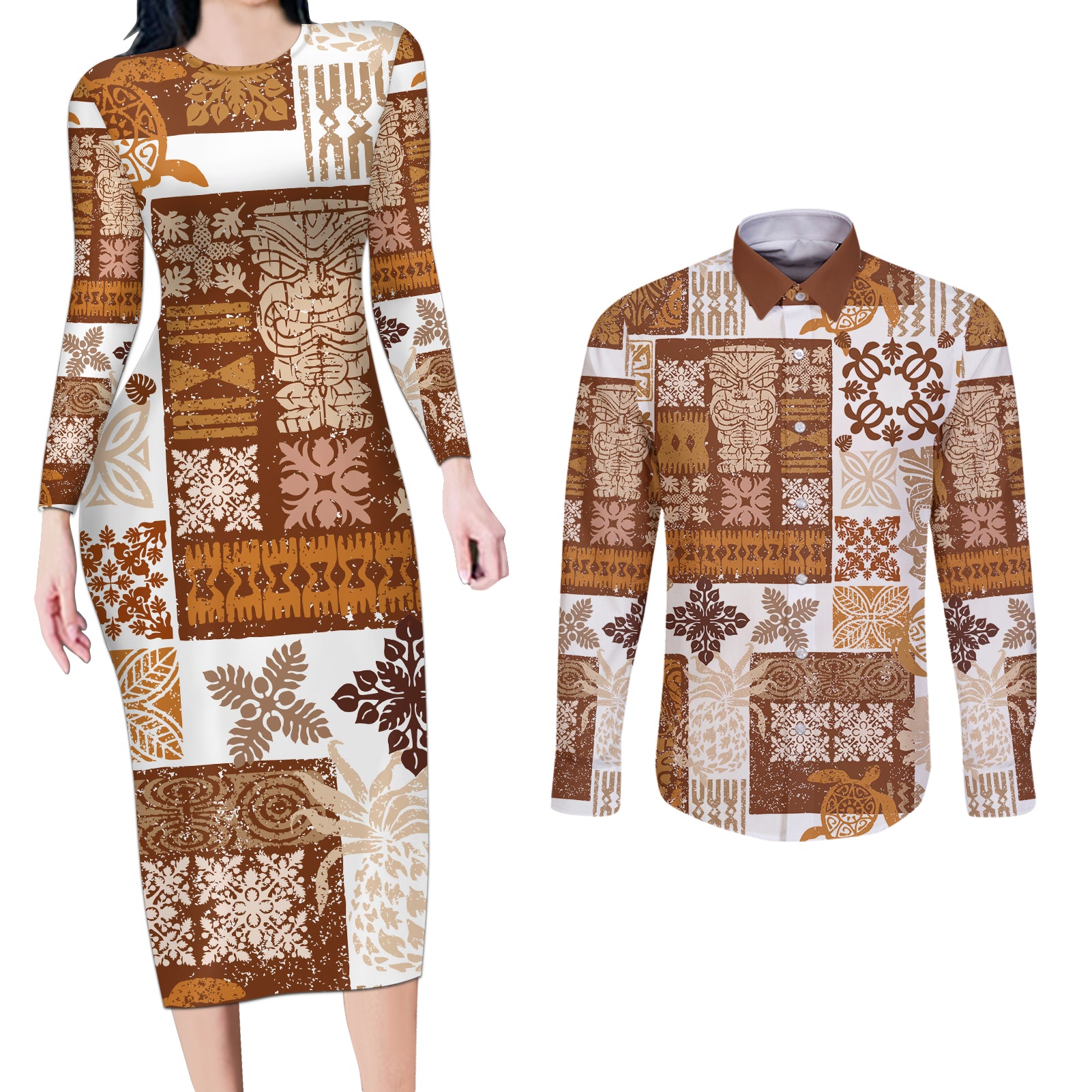 Hawaiian Quilt Couples Matching Long Sleeve Bodycon Dress and Long Sleeve Button Shirt Tiki Tropical Retro Brown Version LT14 Brown - Polynesian Pride