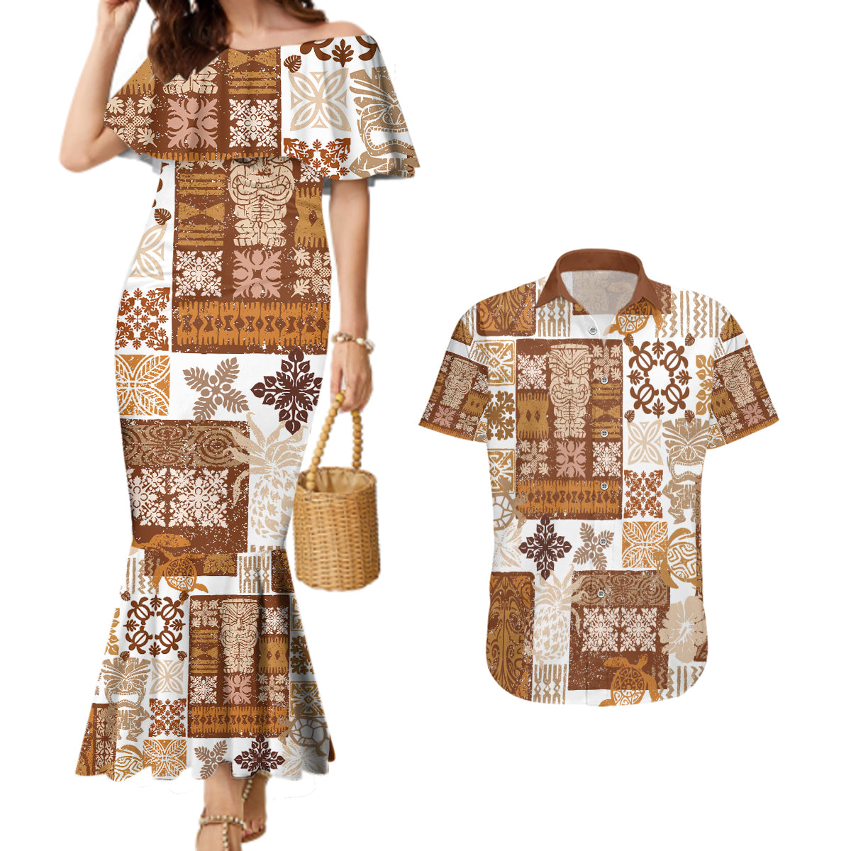 Hawaiian Quilt Couples Matching Mermaid Dress and Hawaiian Shirt Tiki Tropical Retro Brown Version LT14 Brown - Polynesian Pride